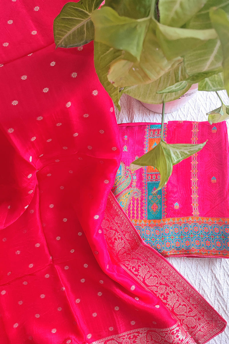 Elegant Pink Banarasi-Inspired Crepe Silk Suit Material with Woven Dupatta