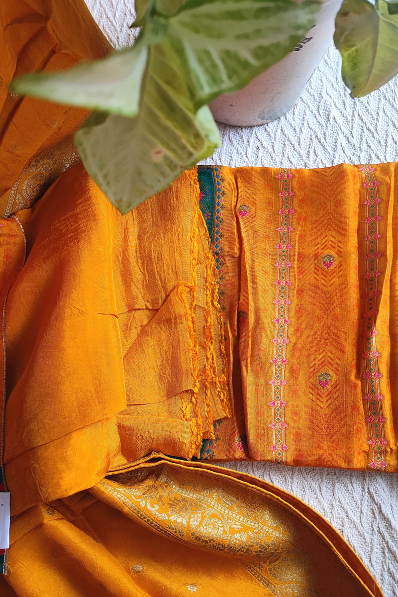 Festive Mustard Orange Crepe Silk Suit Material with Rich Woven Dupatta