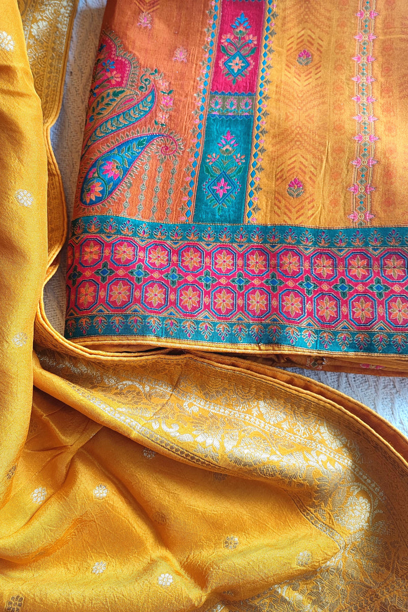 Festive Mustard Orange Crepe Silk Suit Material with Rich Woven Dupatta