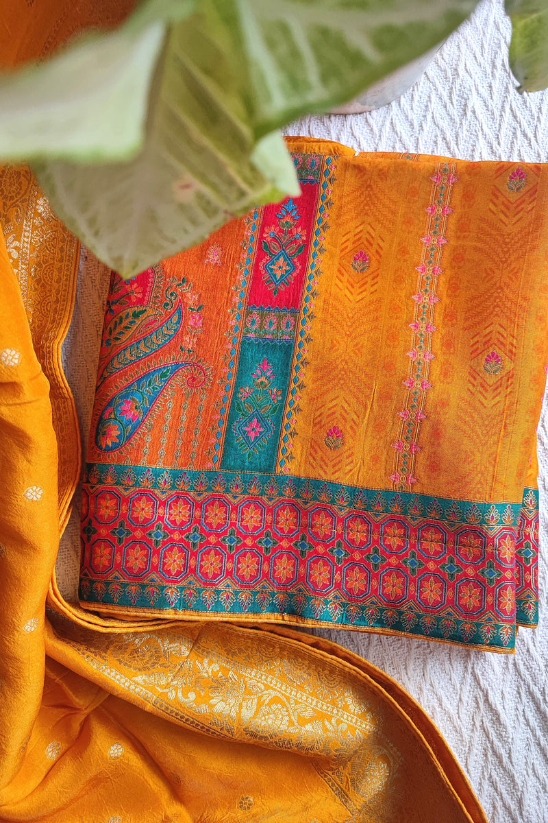 Festive Mustard Orange Crepe Silk Suit Material with Rich Woven Dupatta