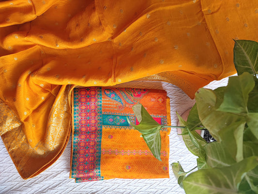 Festive Mustard Orange Crepe Silk Suit Material with Rich Woven Dupatta