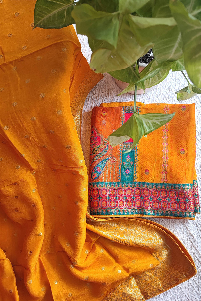 Festive Mustard Orange Crepe Silk Suit Material with Rich Woven Dupatta