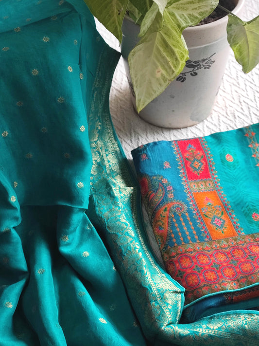 Teal Green Soft Crepe Silk Suit Material with Multicolor Woven Dupatta