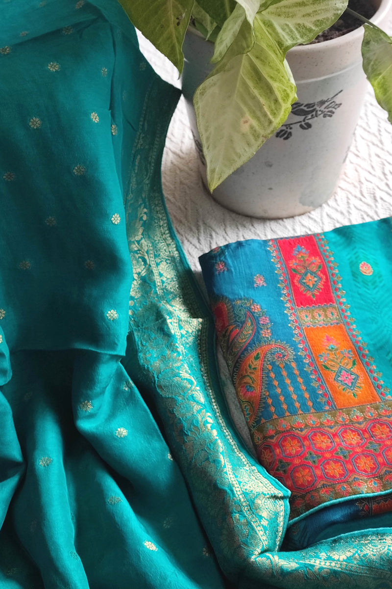 Teal Green Soft Crepe Silk Suit Material with Multicolor Woven Dupatta