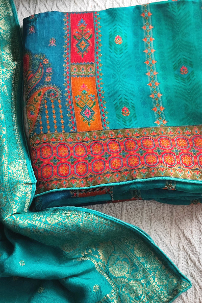 Teal Green Soft Crepe Silk Suit Material with Multicolor Woven Dupatta