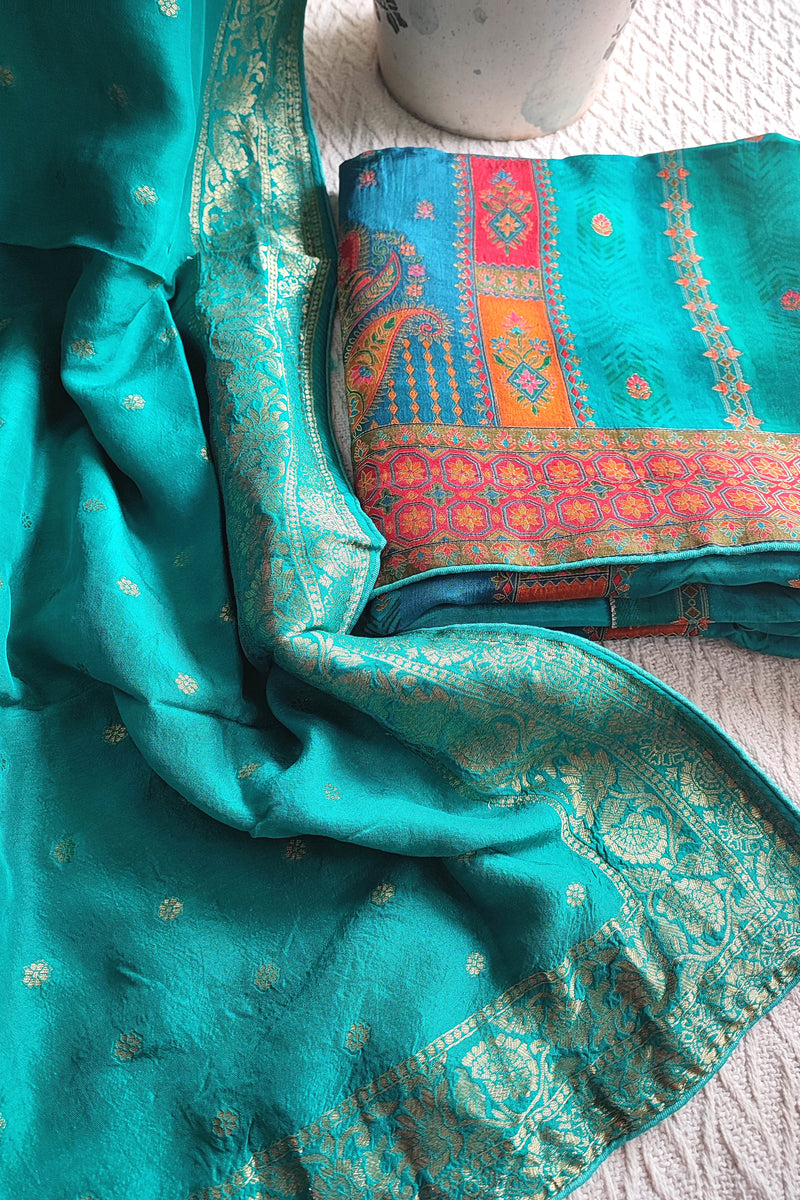 Teal Green Soft Crepe Silk Suit Material with Multicolor Woven Dupatta