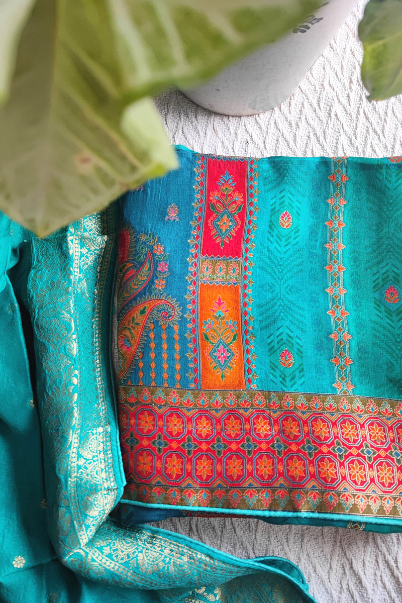 Teal Green Soft Crepe Silk Suit Material with Multicolor Woven Dupatta