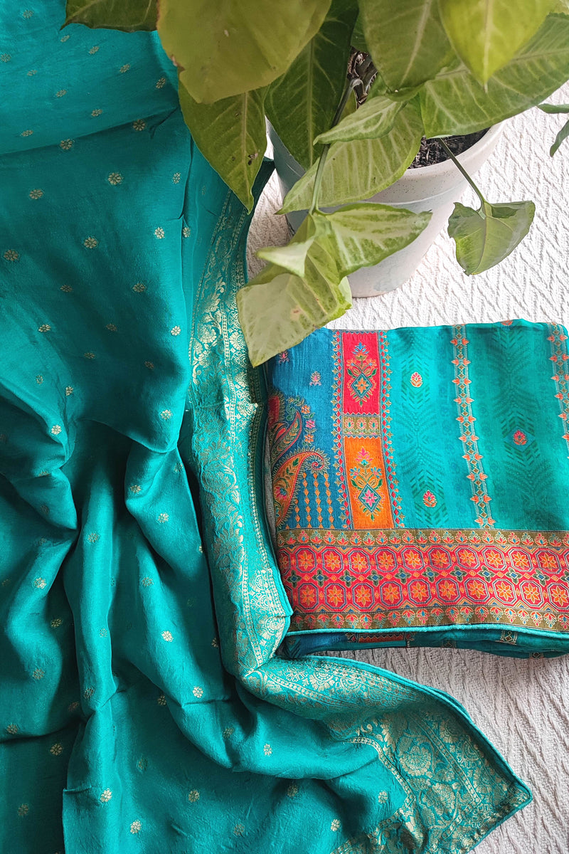 Teal Green Soft Crepe Silk Suit Material with Multicolor Woven Dupatta