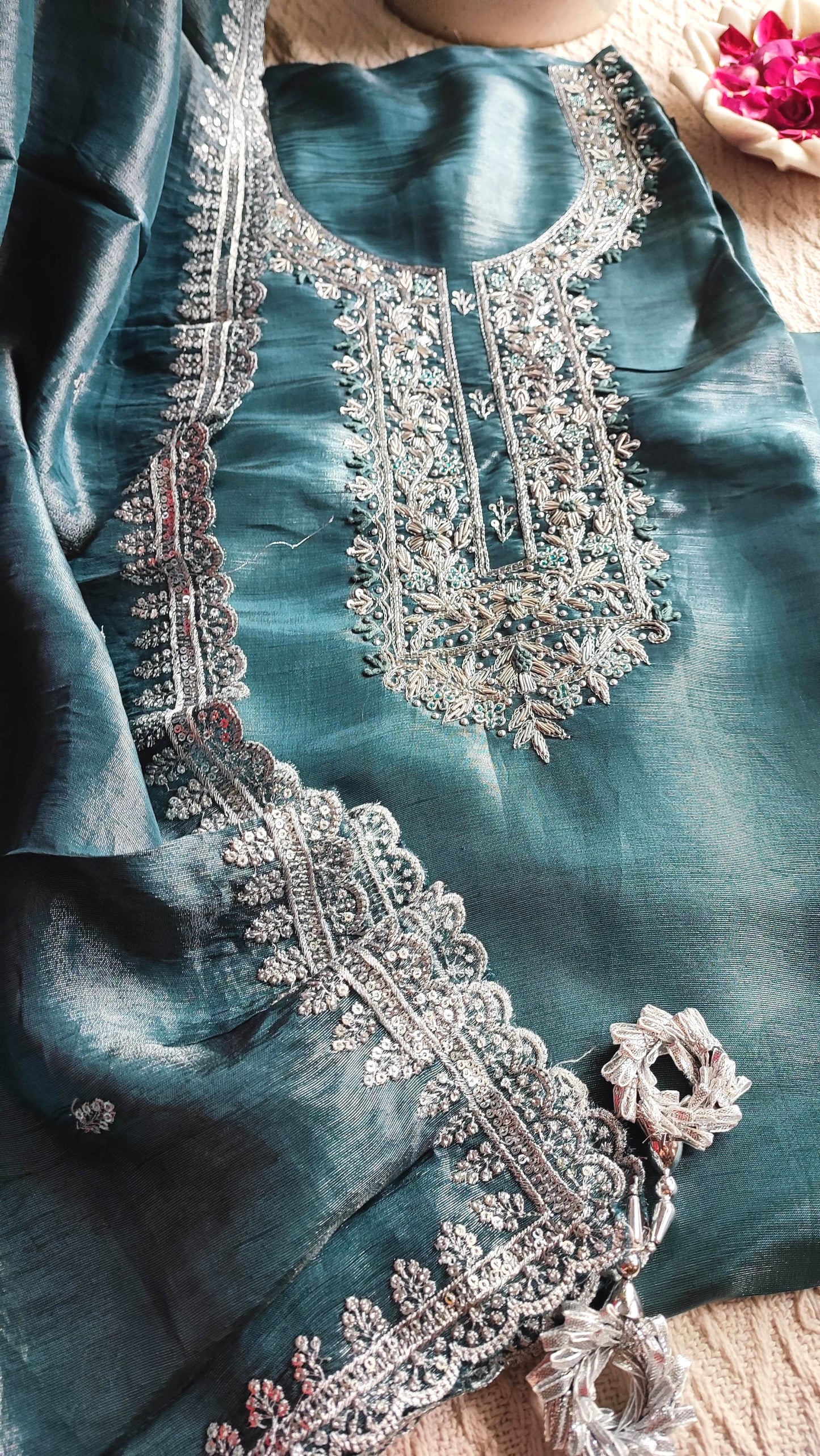 Teal Green Shimmer Georgette Unstitched Suit with Embroidery