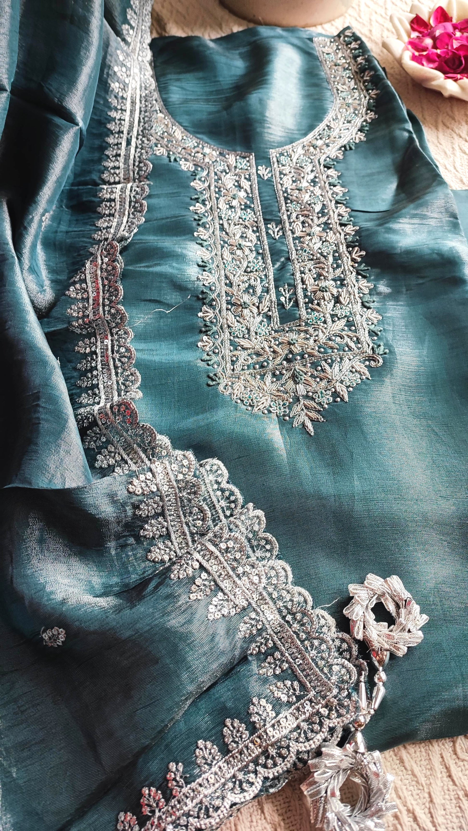 Teal Green Shimmer Georgette Unstitched Suit with Embroidery