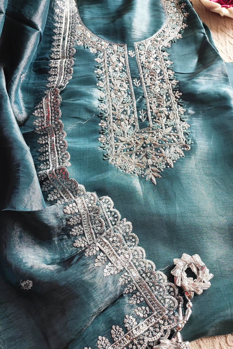 Teal Green Shimmer Georgette Unstitched Suit with Embroidery