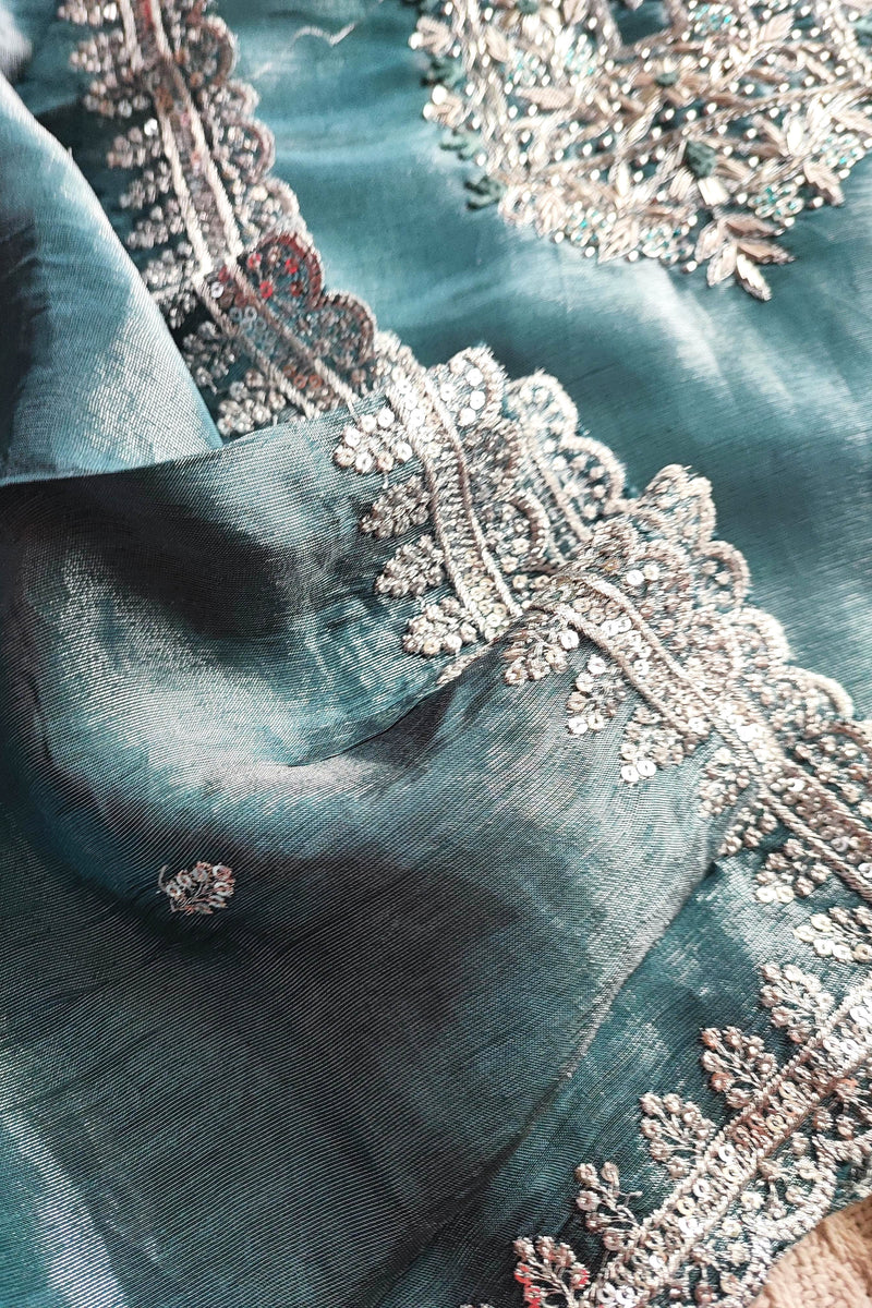 Teal Green Shimmer Georgette Unstitched Suit with Embroidery