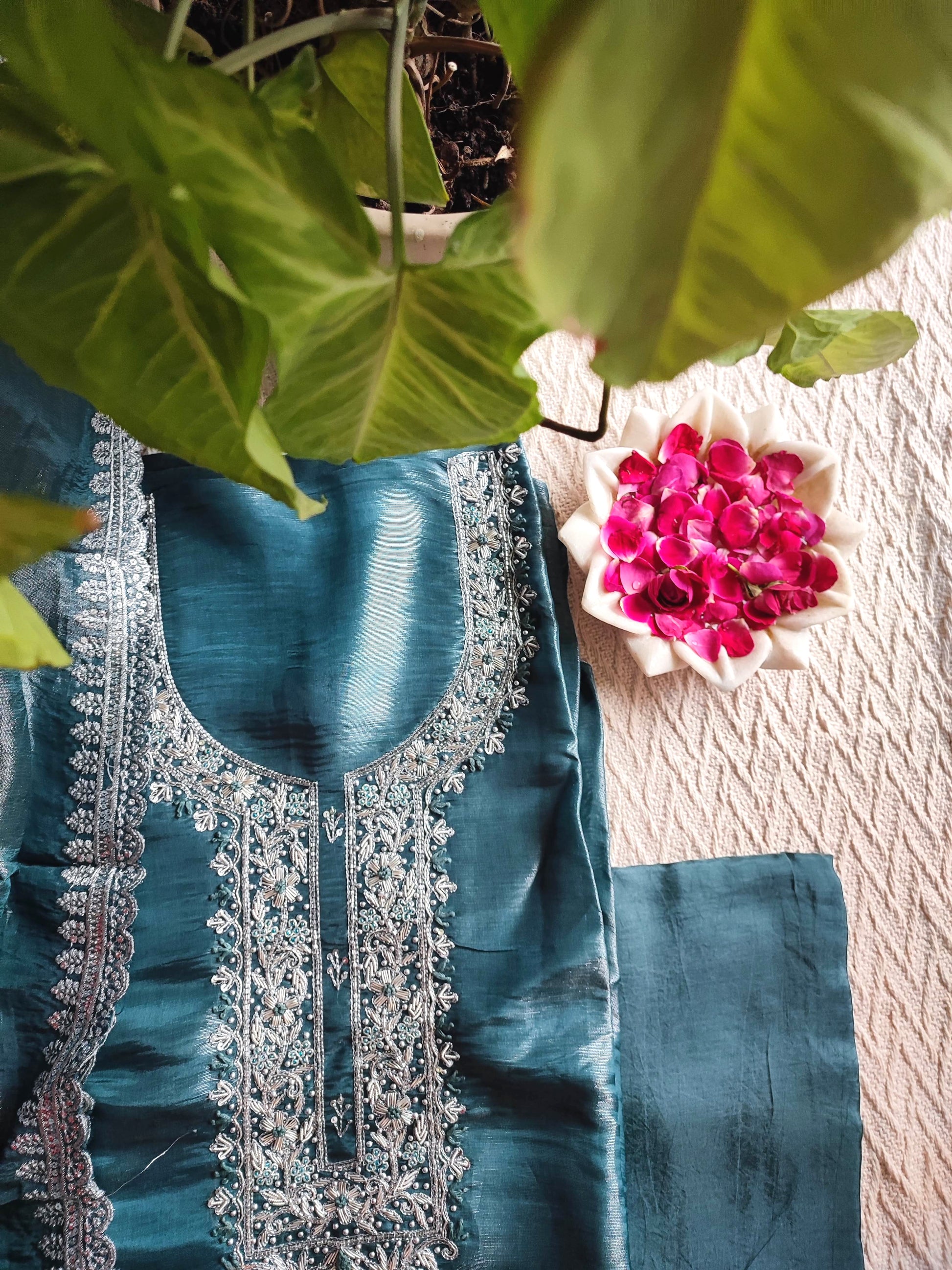 Teal Green Shimmer Georgette Unstitched Suit with Embroidery