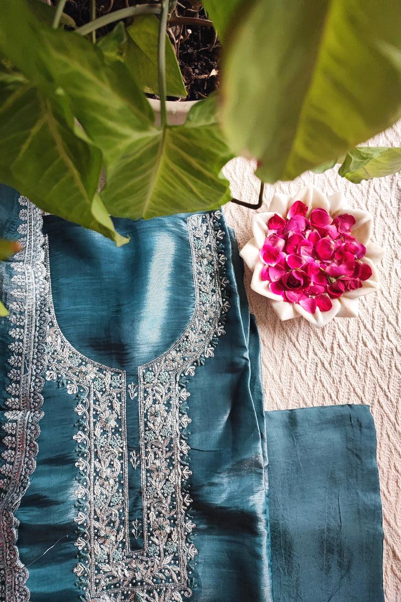 Teal Green Shimmer Georgette Unstitched Suit with Embroidery