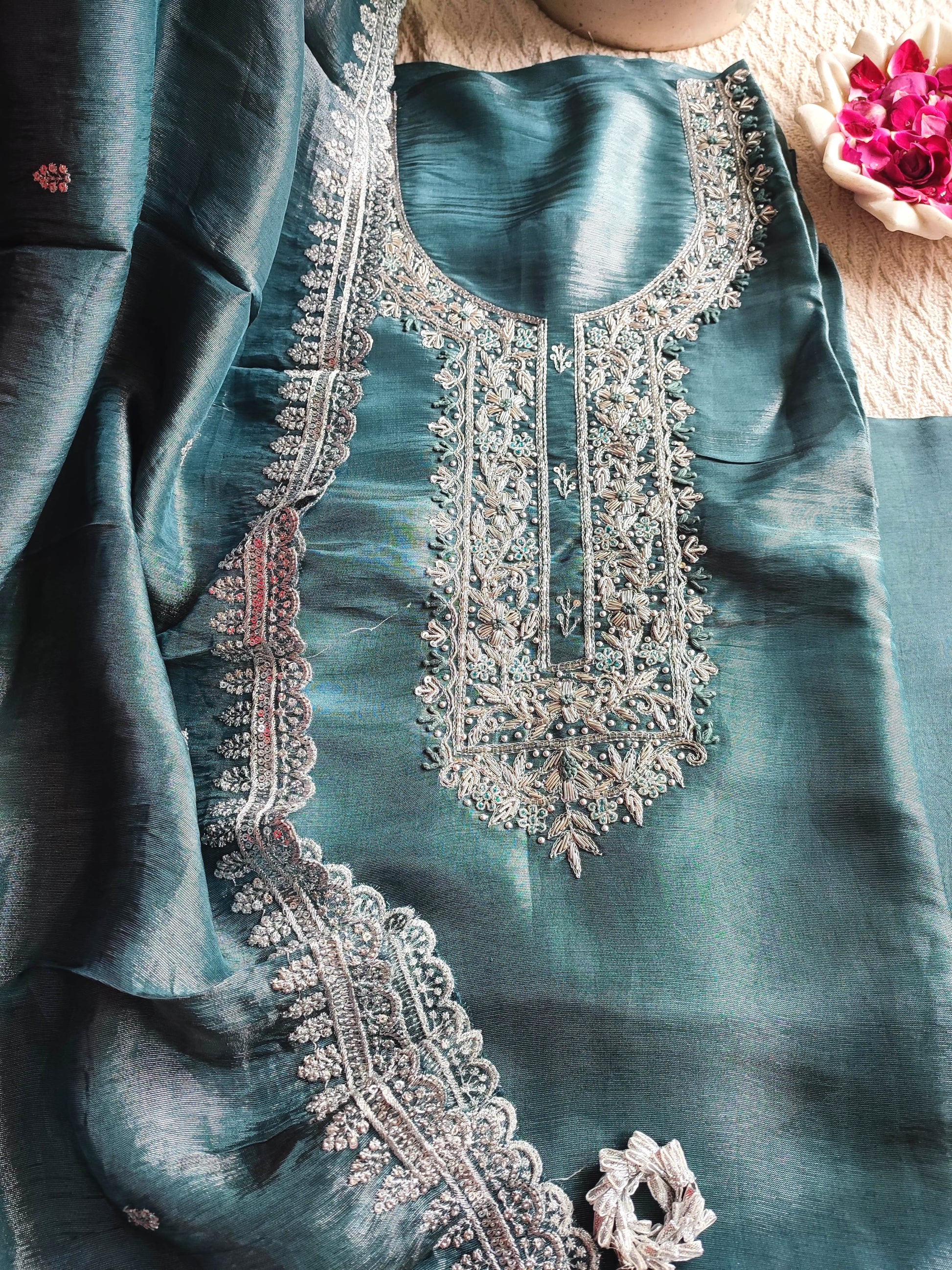 Teal Green Shimmer Georgette Unstitched Suit with Embroidery