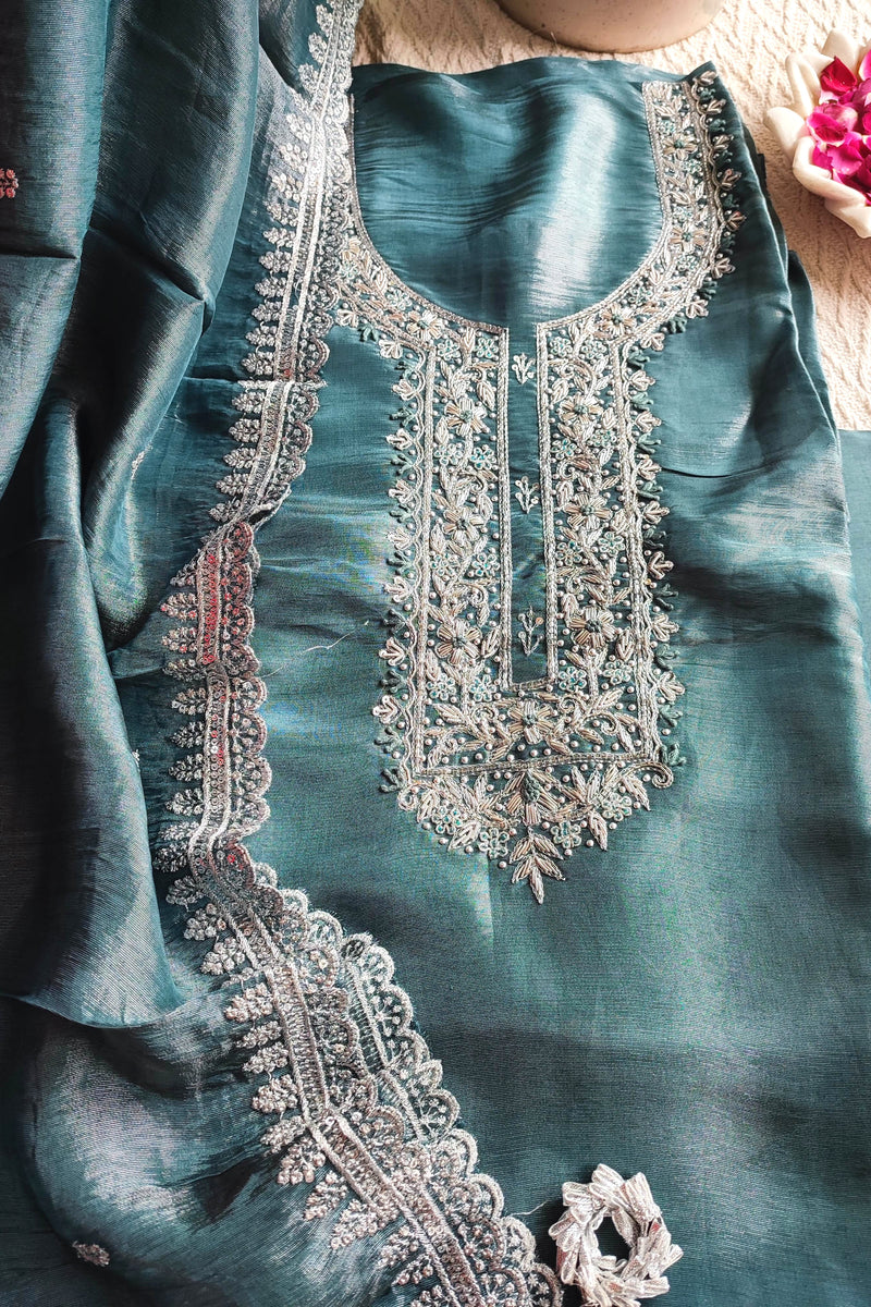 Teal Green Shimmer Georgette Unstitched Suit with Embroidery
