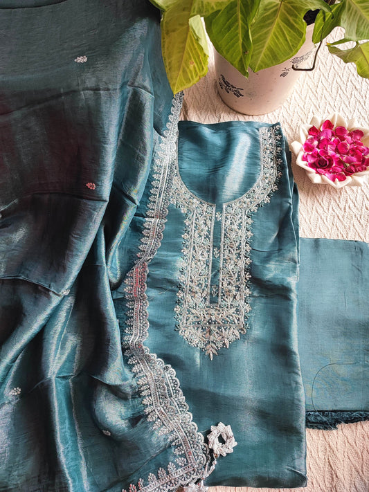 Teal Green Shimmer Georgette Unstitched Suit with Embroidery