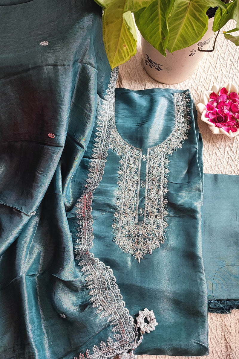 Teal Green Shimmer Georgette Unstitched Suit with Embroidery