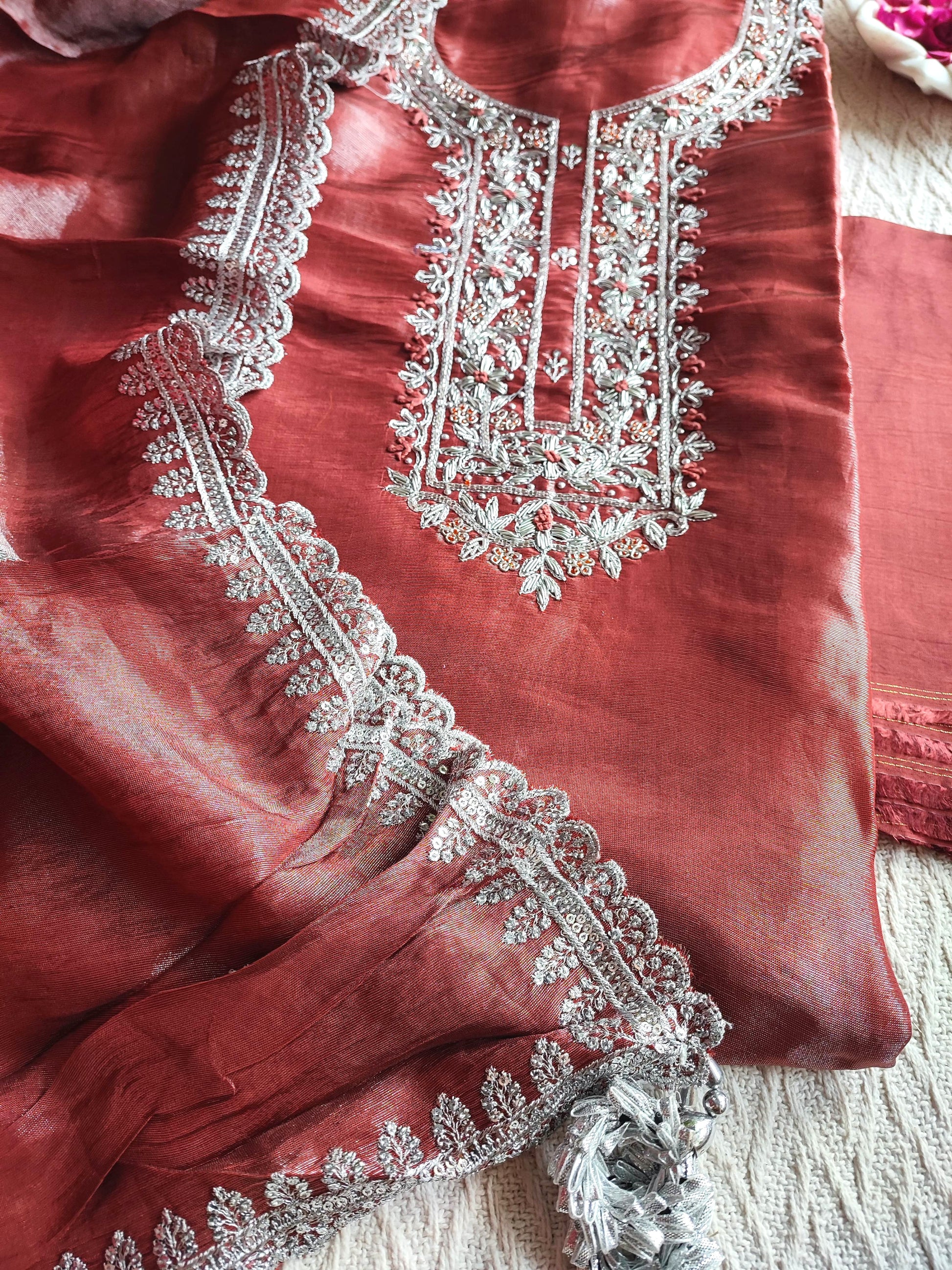 Rust Red Shimmer Georgette Unstitched Suit with Embroidery