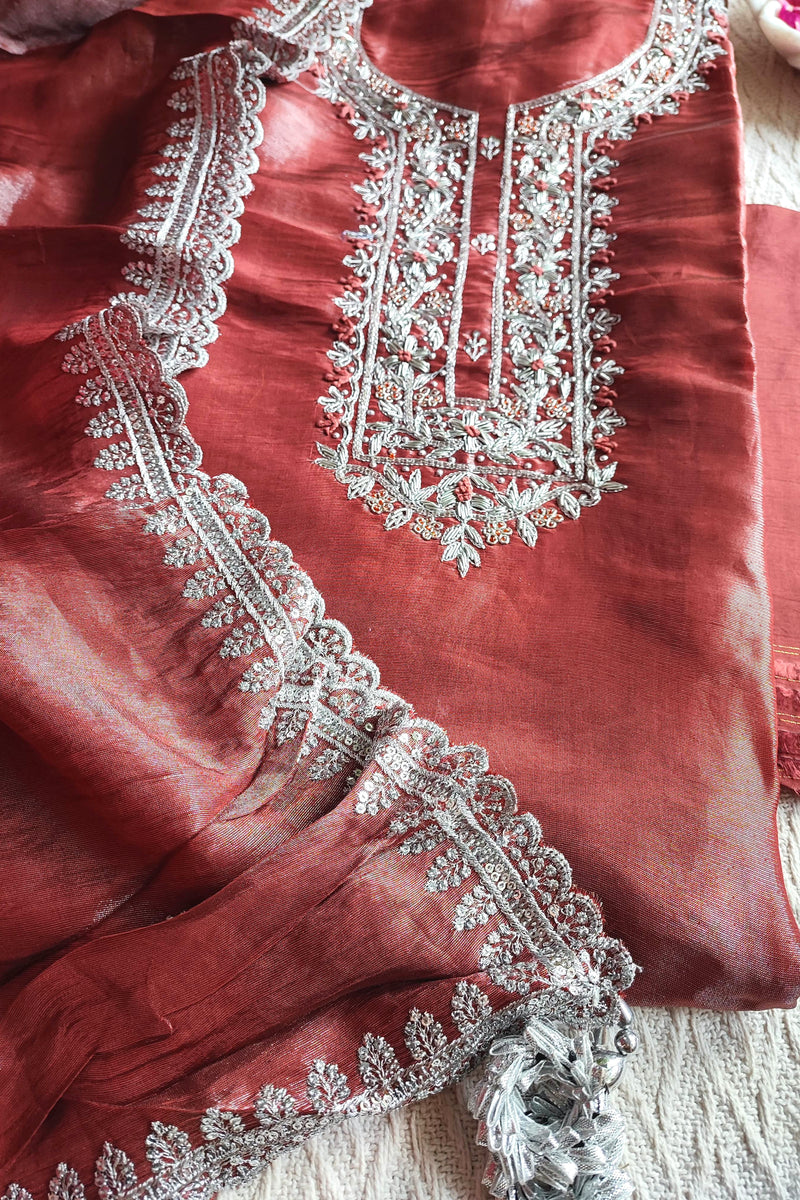 Rust Red Shimmer Georgette Unstitched Suit with Embroidery
