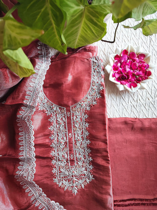 Rust Red Shimmer Georgette Unstitched Suit with Embroidery