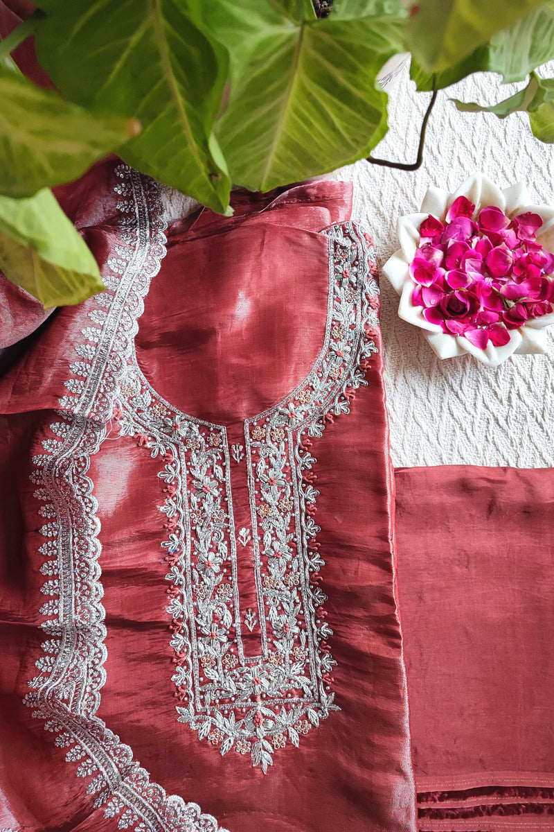 Rust Red Shimmer Georgette Unstitched Suit with Embroidery