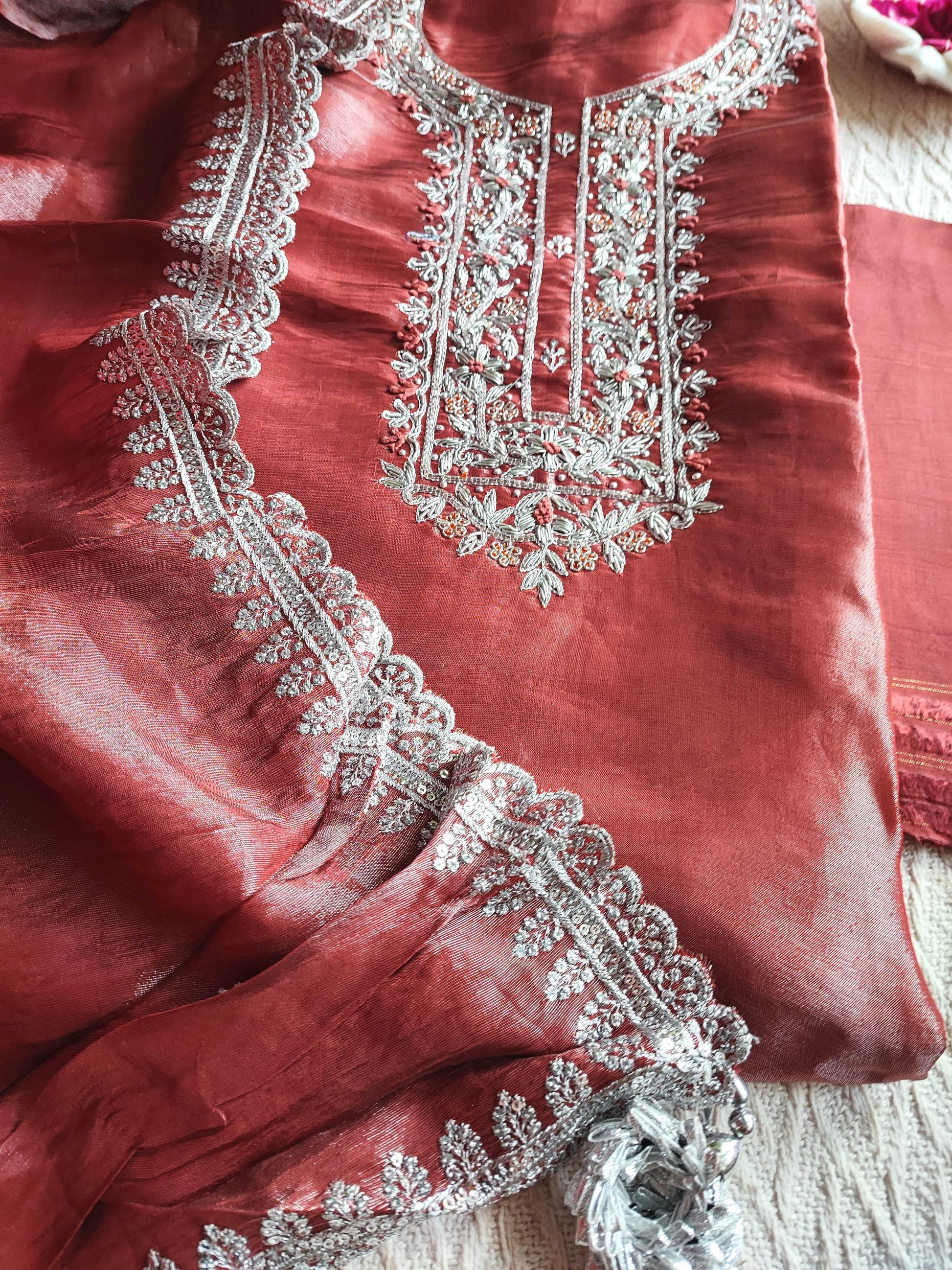 Rust Red Shimmer Georgette Unstitched Suit with Embroidery