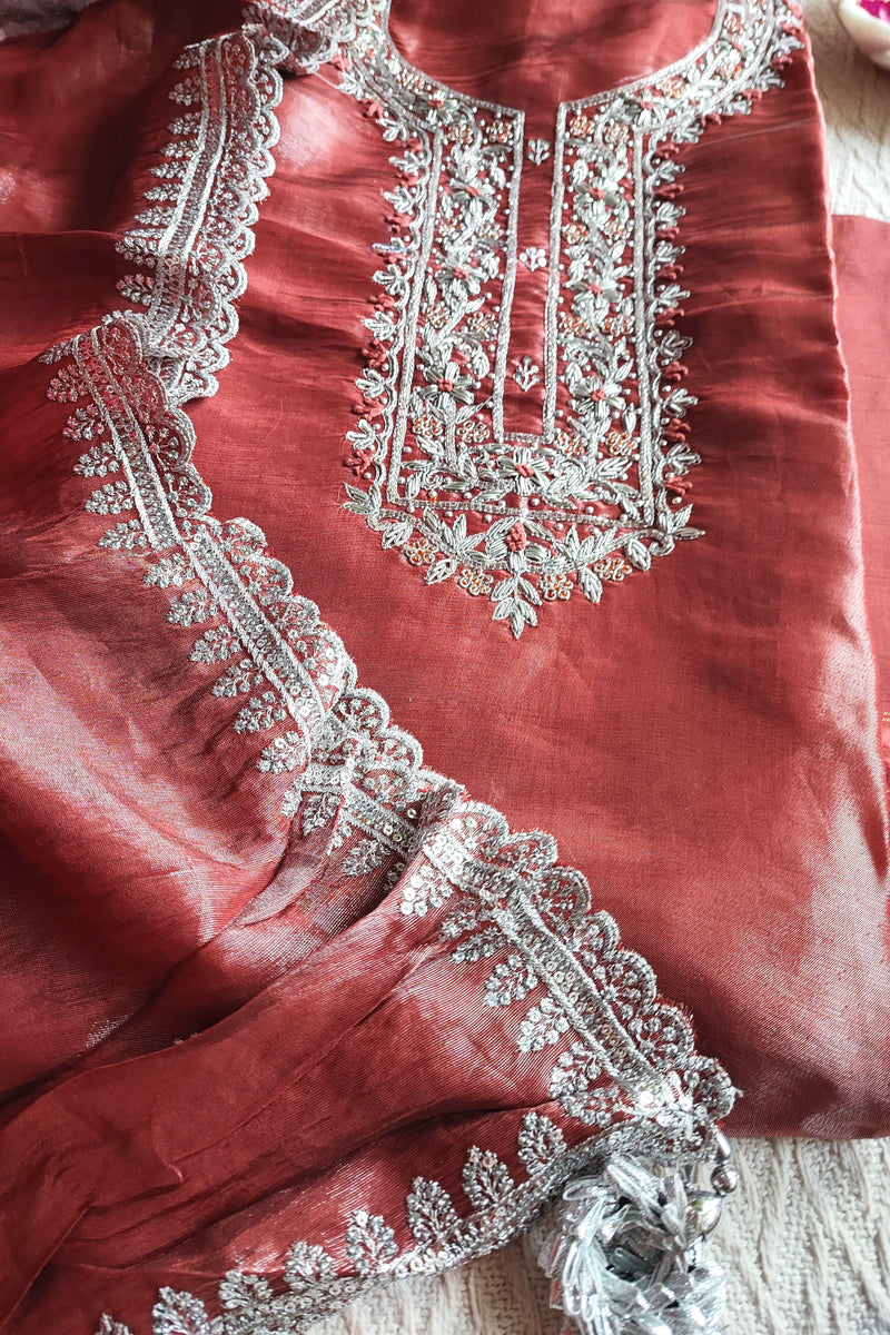 Rust Red Shimmer Georgette Unstitched Suit with Embroidery