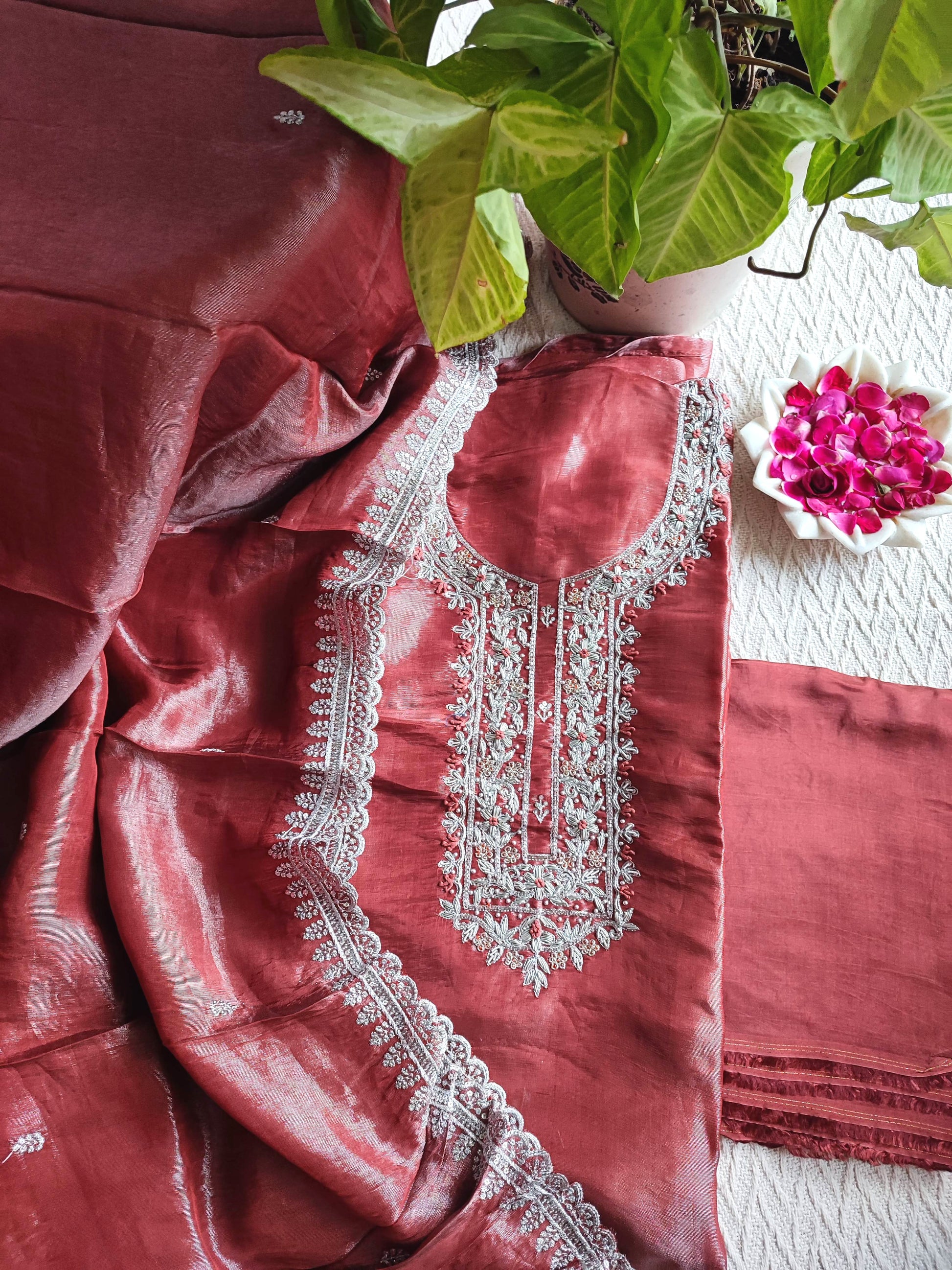 Rust Red Shimmer Georgette Unstitched Suit with Embroidery