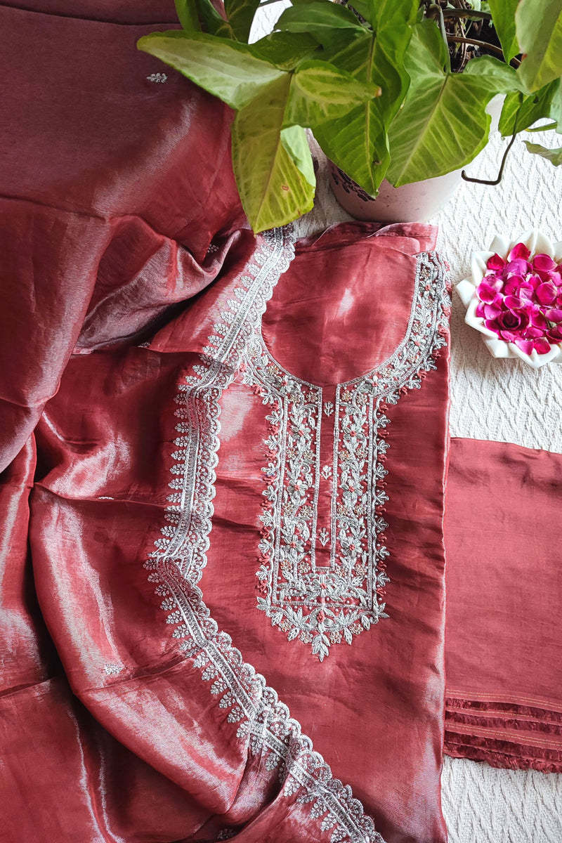 Rust Red Shimmer Georgette Unstitched Suit with Embroidery