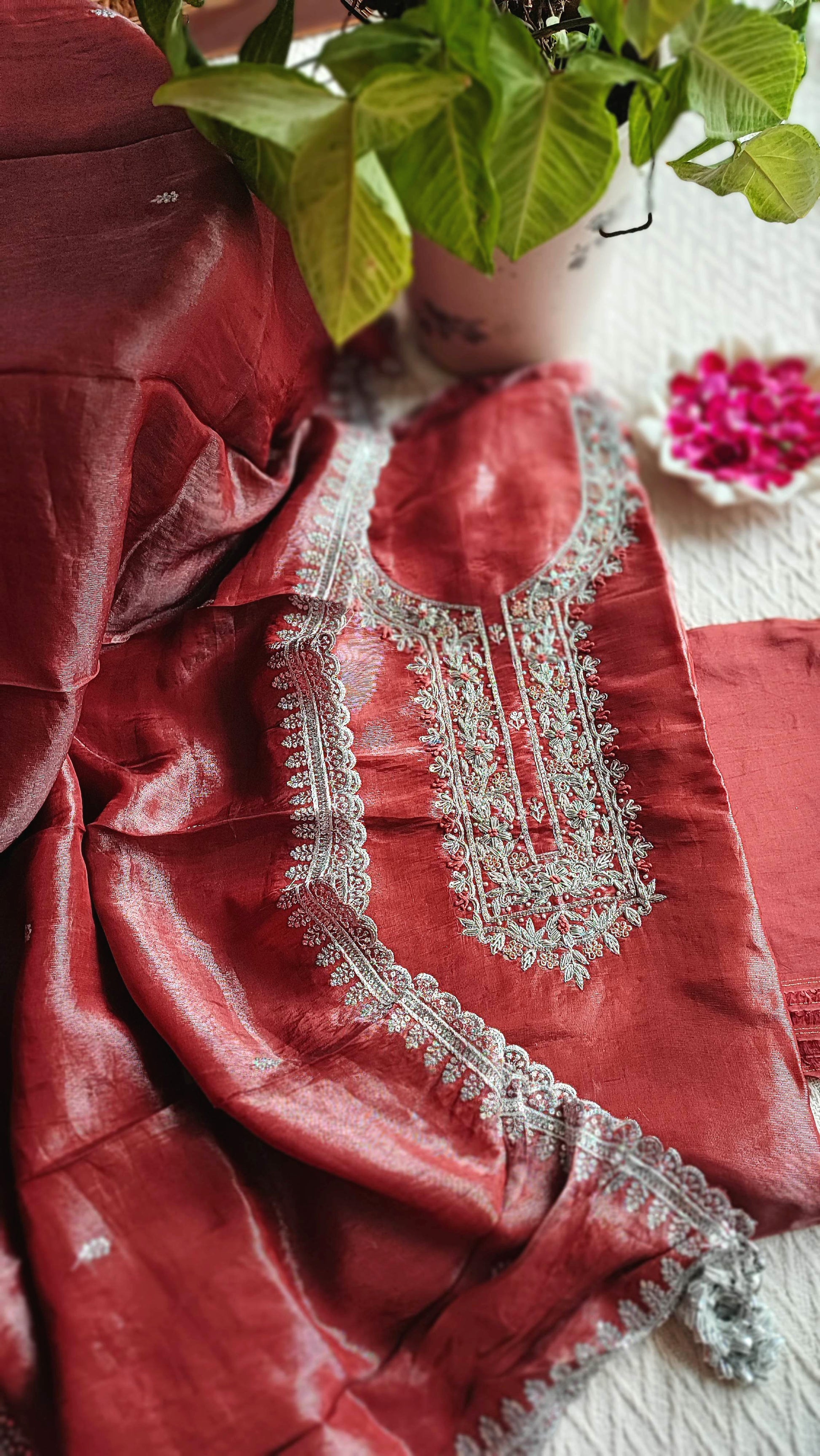 Rust Red Shimmer Georgette Unstitched Suit with Embroidery