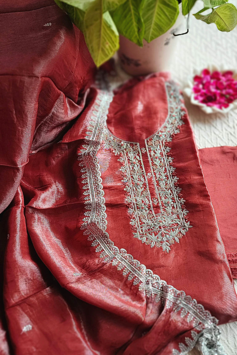 Rust Red Shimmer Georgette Unstitched Suit with Embroidery