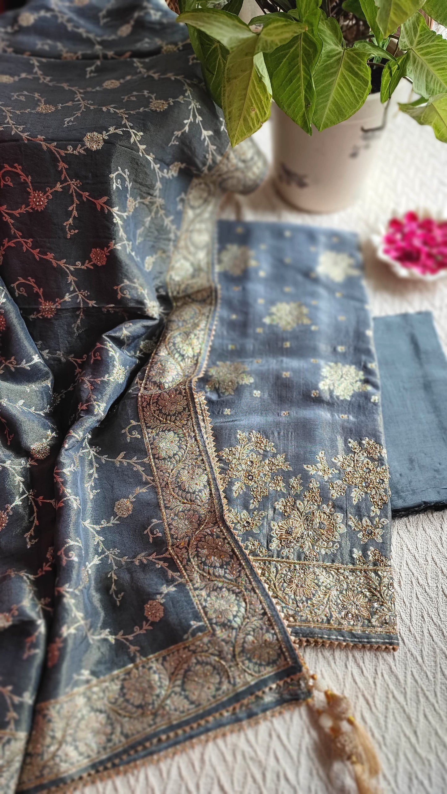 Navy Blue Shimmer Georgette Unstitched Suit with Zari Work