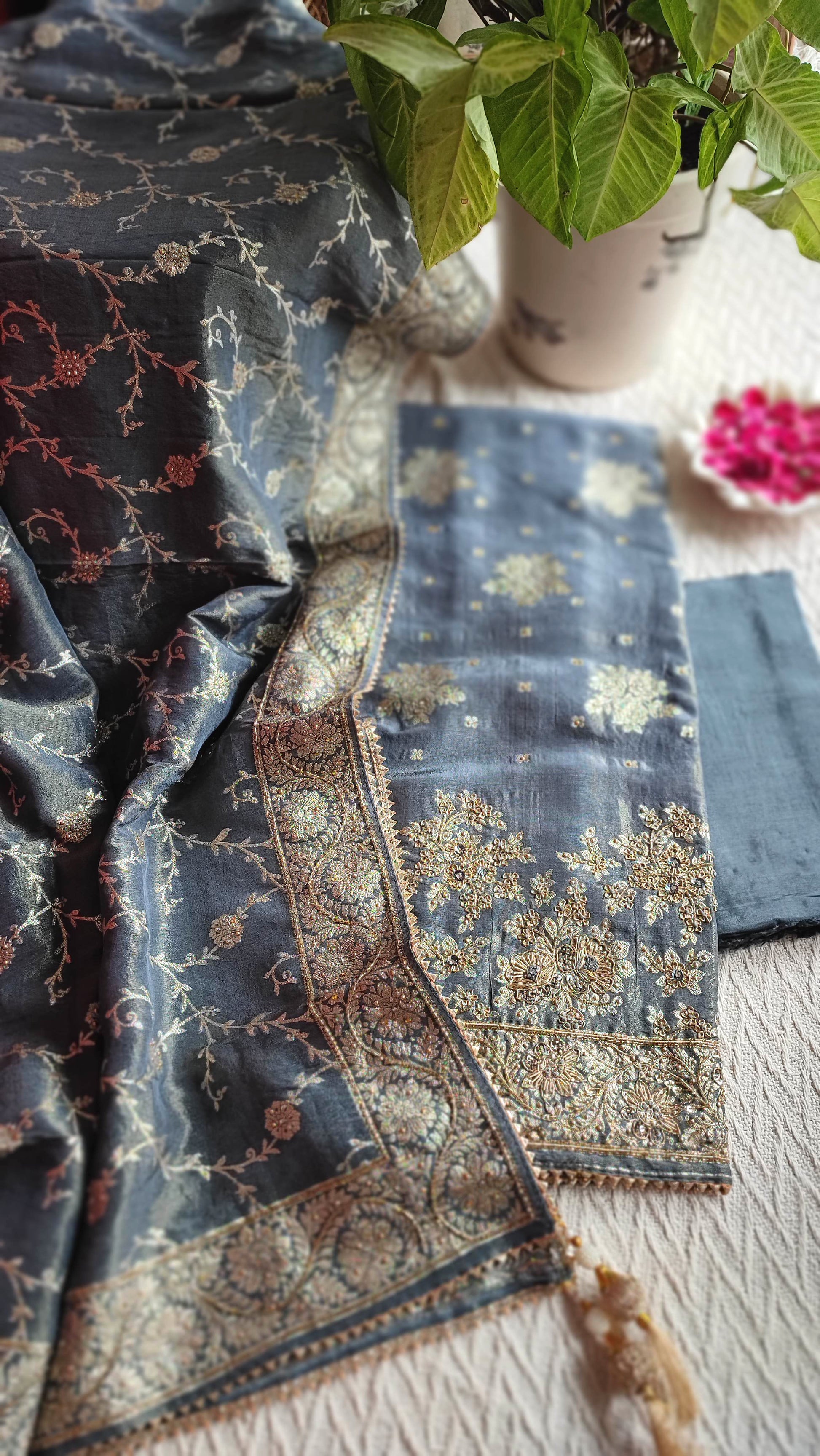 Navy Blue Shimmer Georgette Unstitched Suit with Zari Work