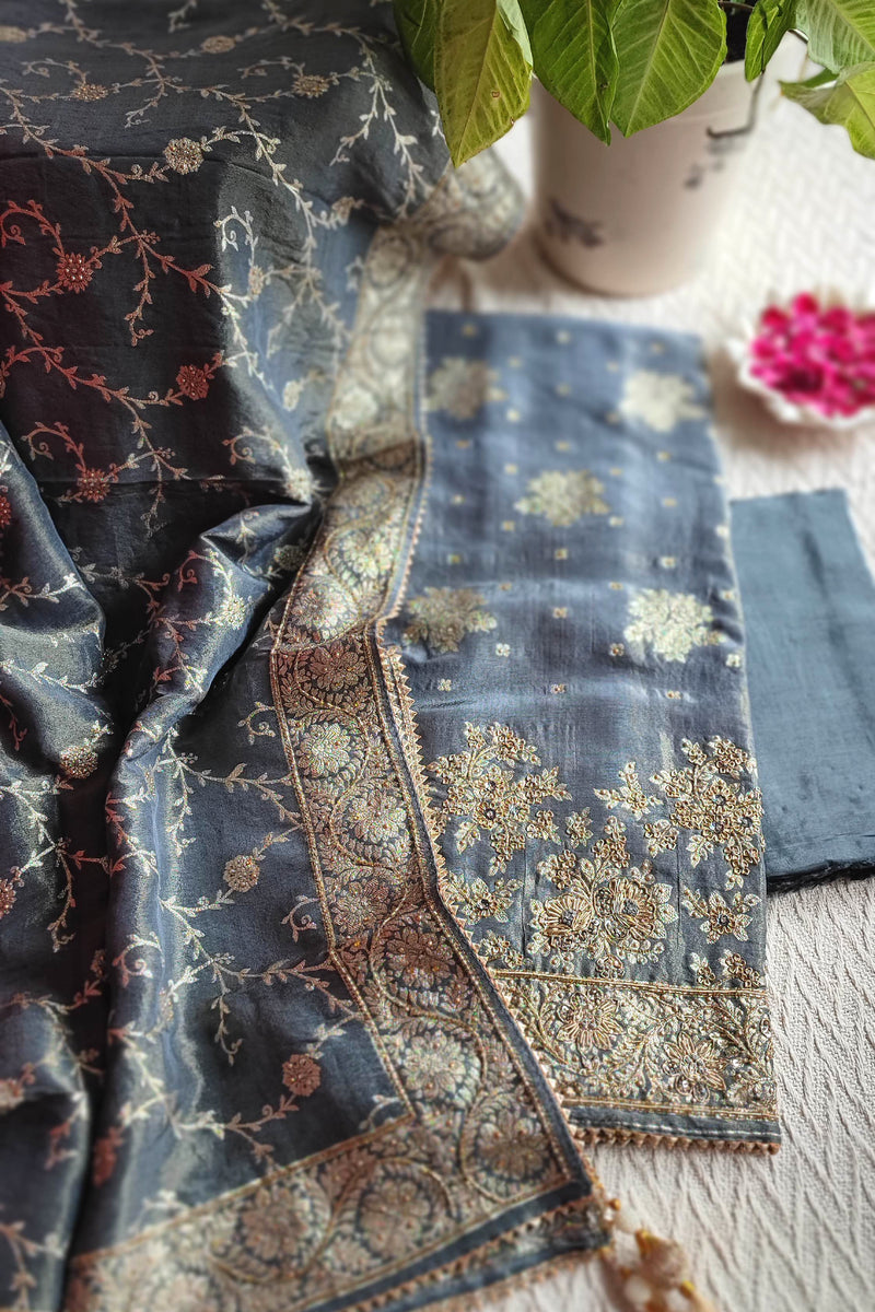 Navy Blue Shimmer Georgette Unstitched Suit with Zari Work