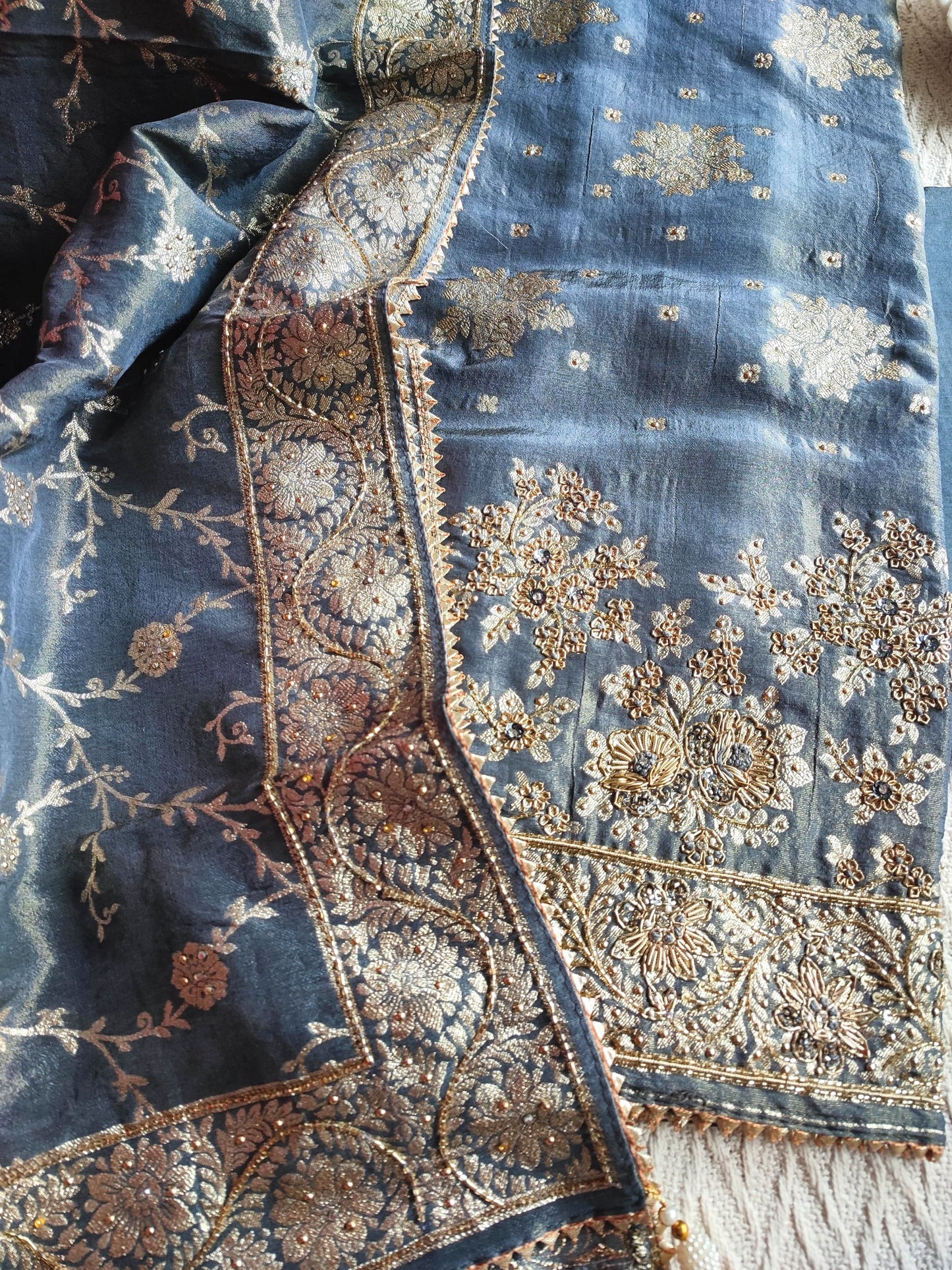 Navy Blue Shimmer Georgette Unstitched Suit with Zari Work
