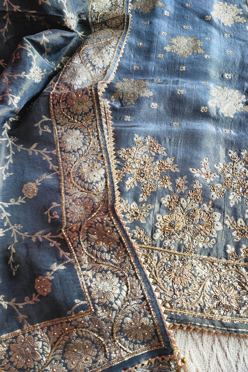 Navy Blue Shimmer Georgette Unstitched Suit with Zari Work