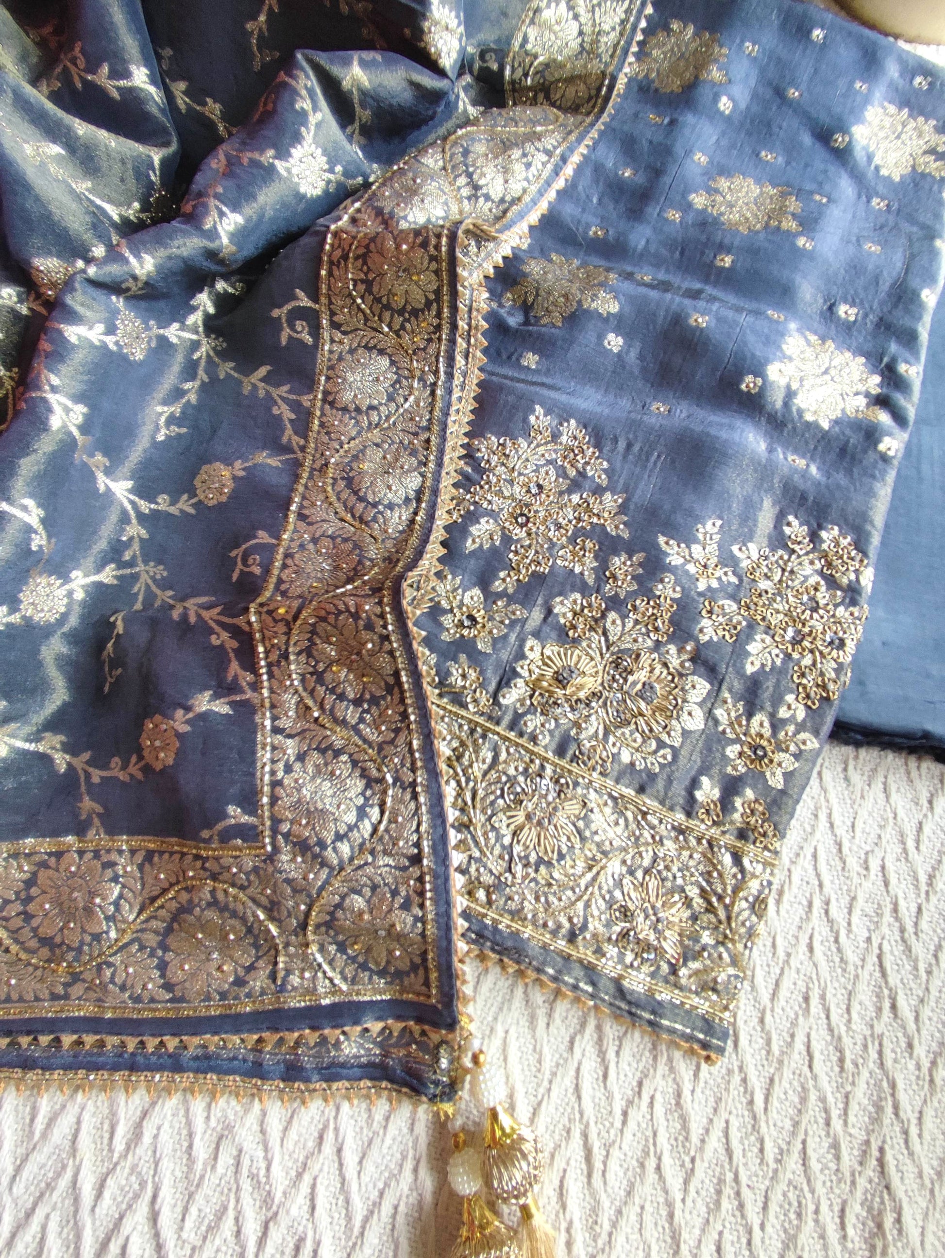 Navy Blue Shimmer Georgette Unstitched Suit with Zari Work