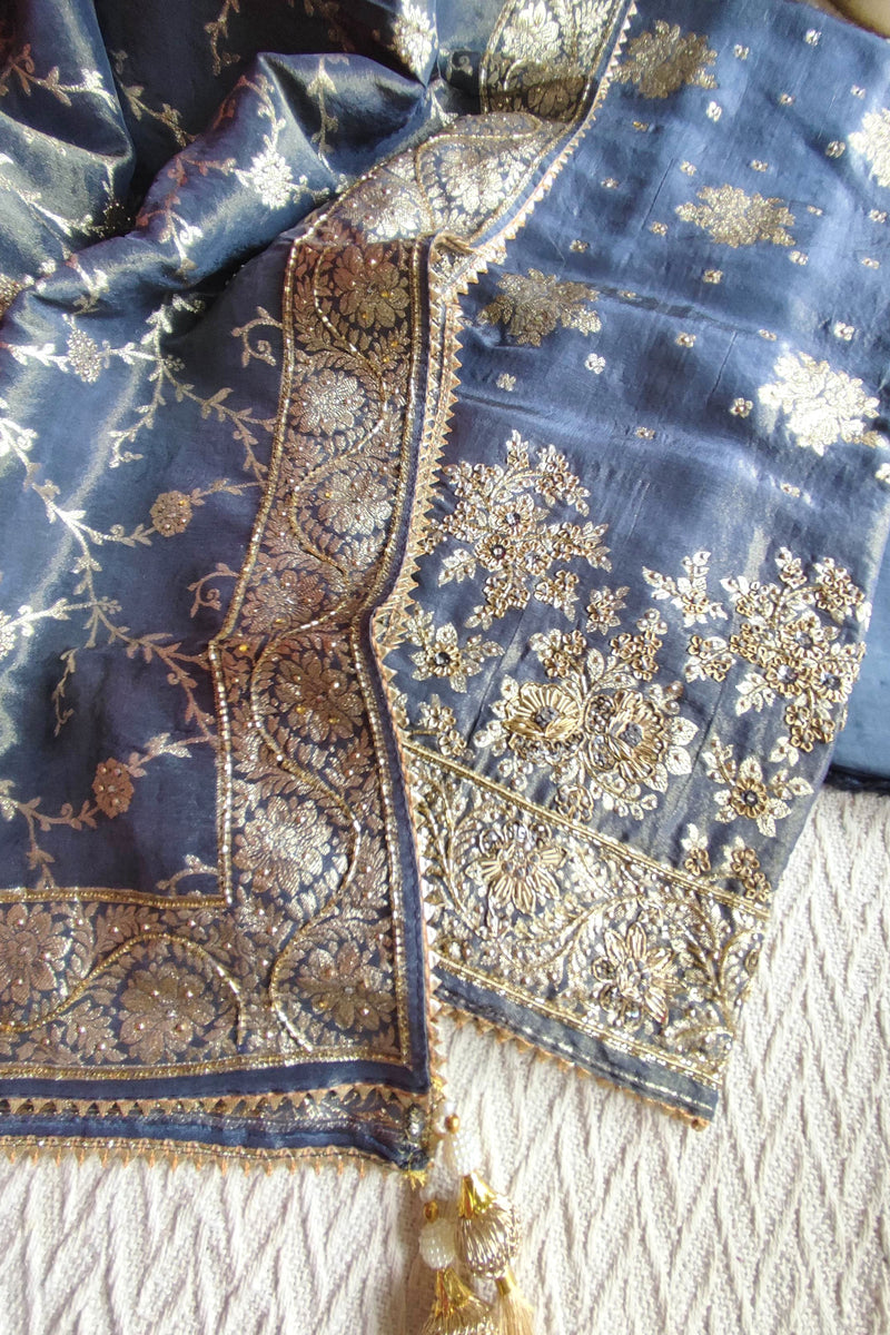 Navy Blue Shimmer Georgette Unstitched Suit with Zari Work