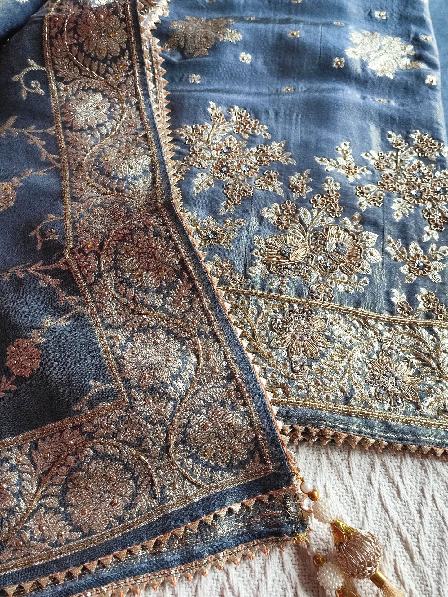 Navy Blue Shimmer Georgette Unstitched Suit with Zari Work
