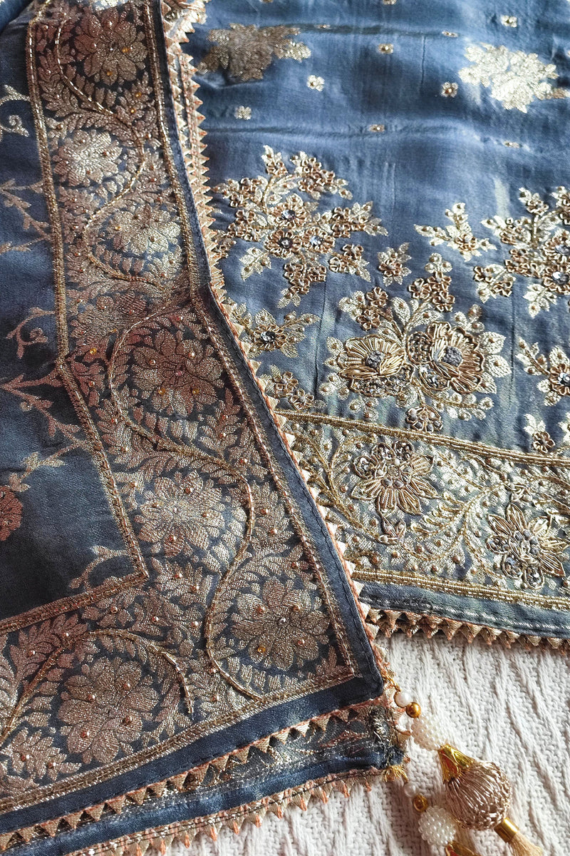 Navy Blue Shimmer Georgette Unstitched Suit with Zari Work