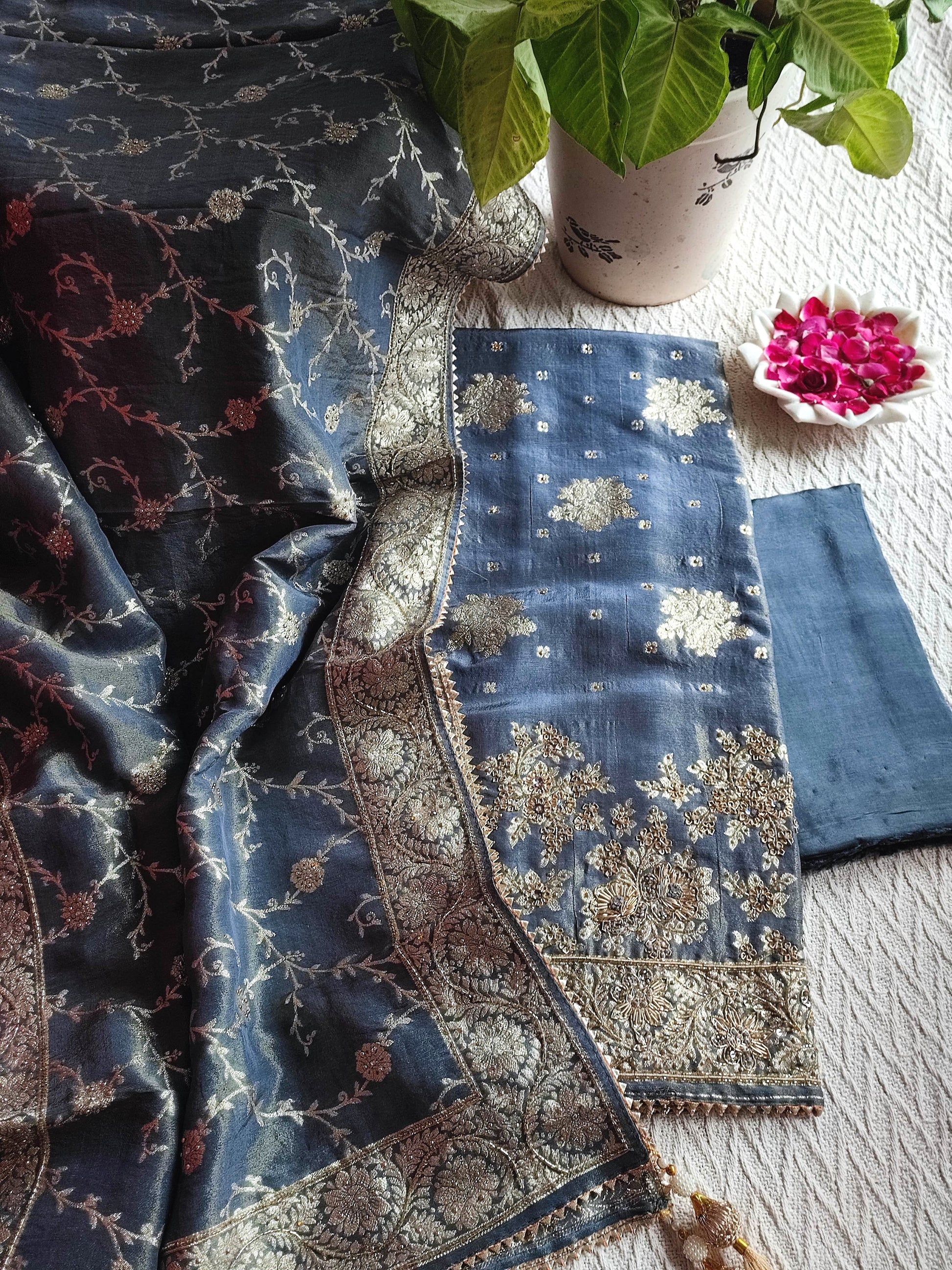 Navy Blue Shimmer Georgette Unstitched Suit with Zari Work