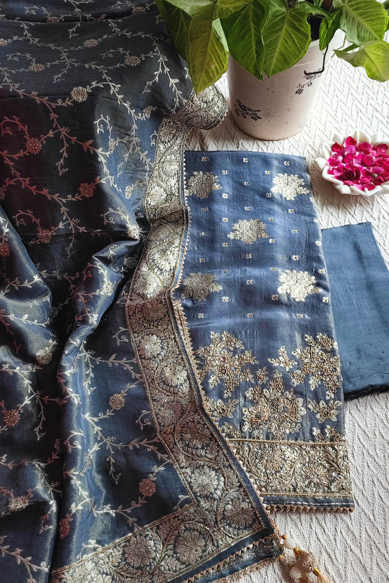 Navy Blue Shimmer Georgette Unstitched Suit with Zari Work