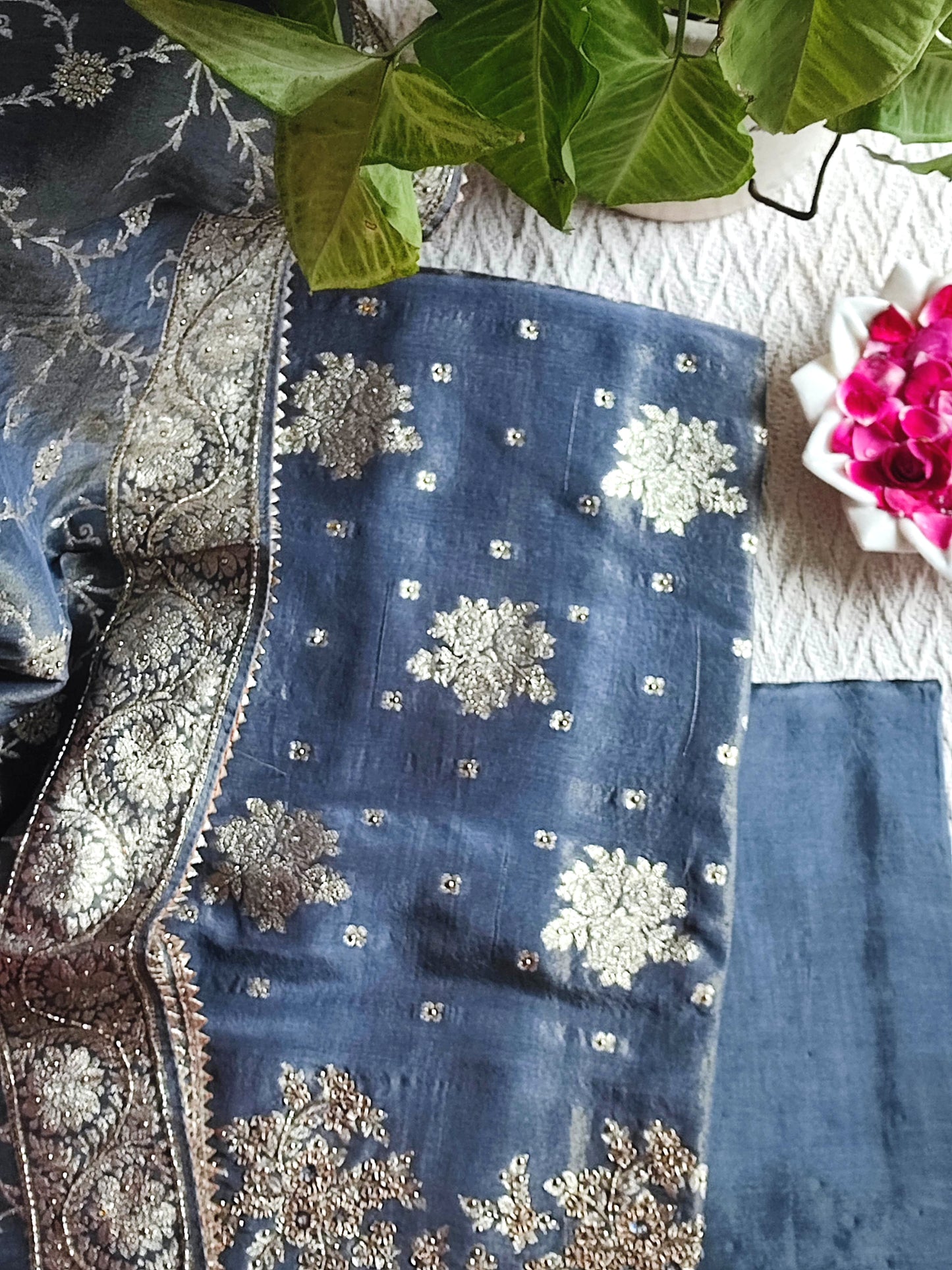 Navy Blue Shimmer Georgette Unstitched Suit with Zari Work