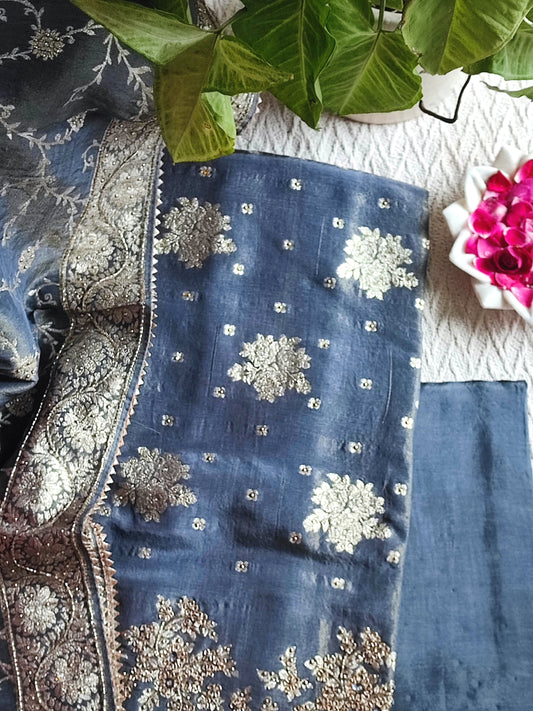 Navy Blue Shimmer Georgette Unstitched Suit with Zari Work