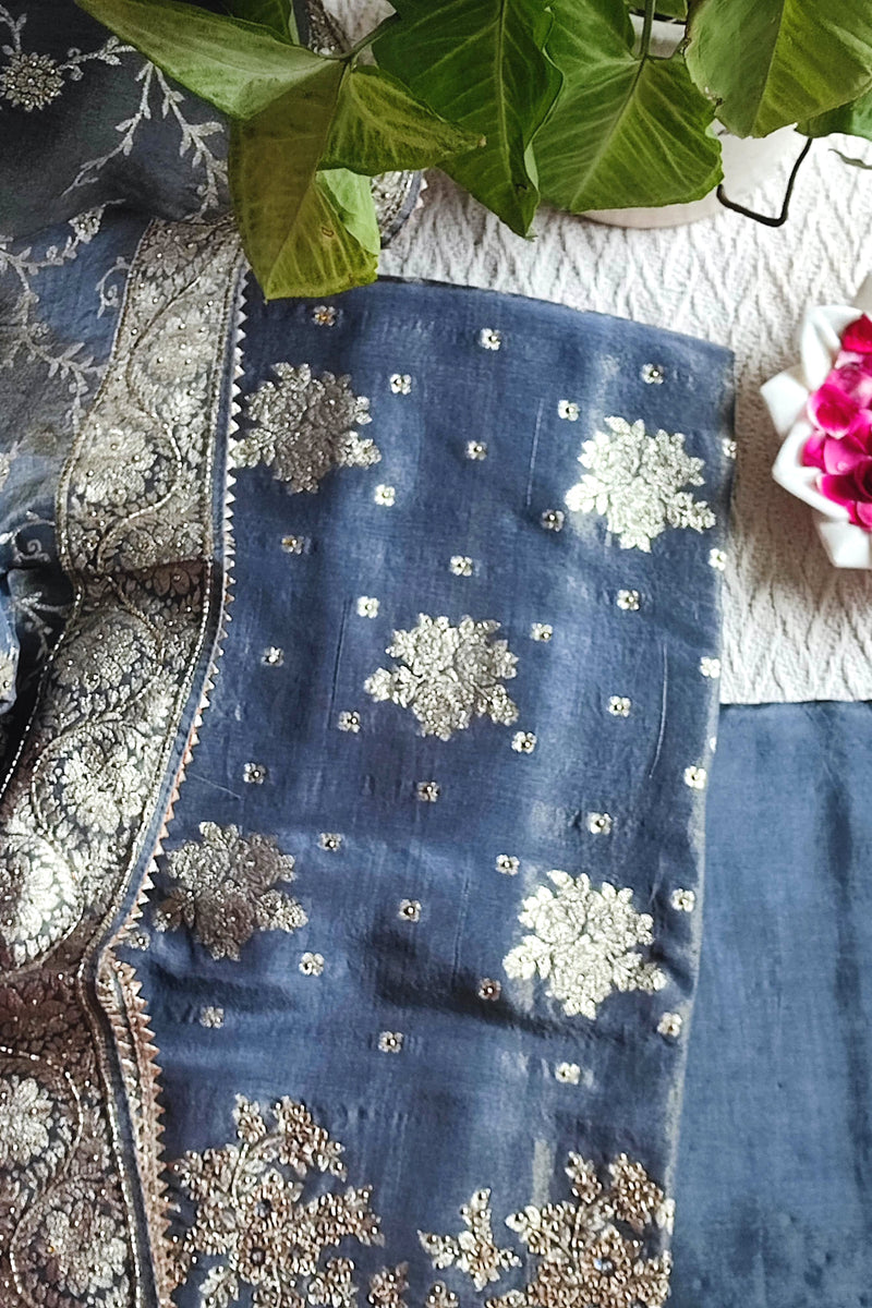 Navy Blue Shimmer Georgette Unstitched Suit with Zari Work