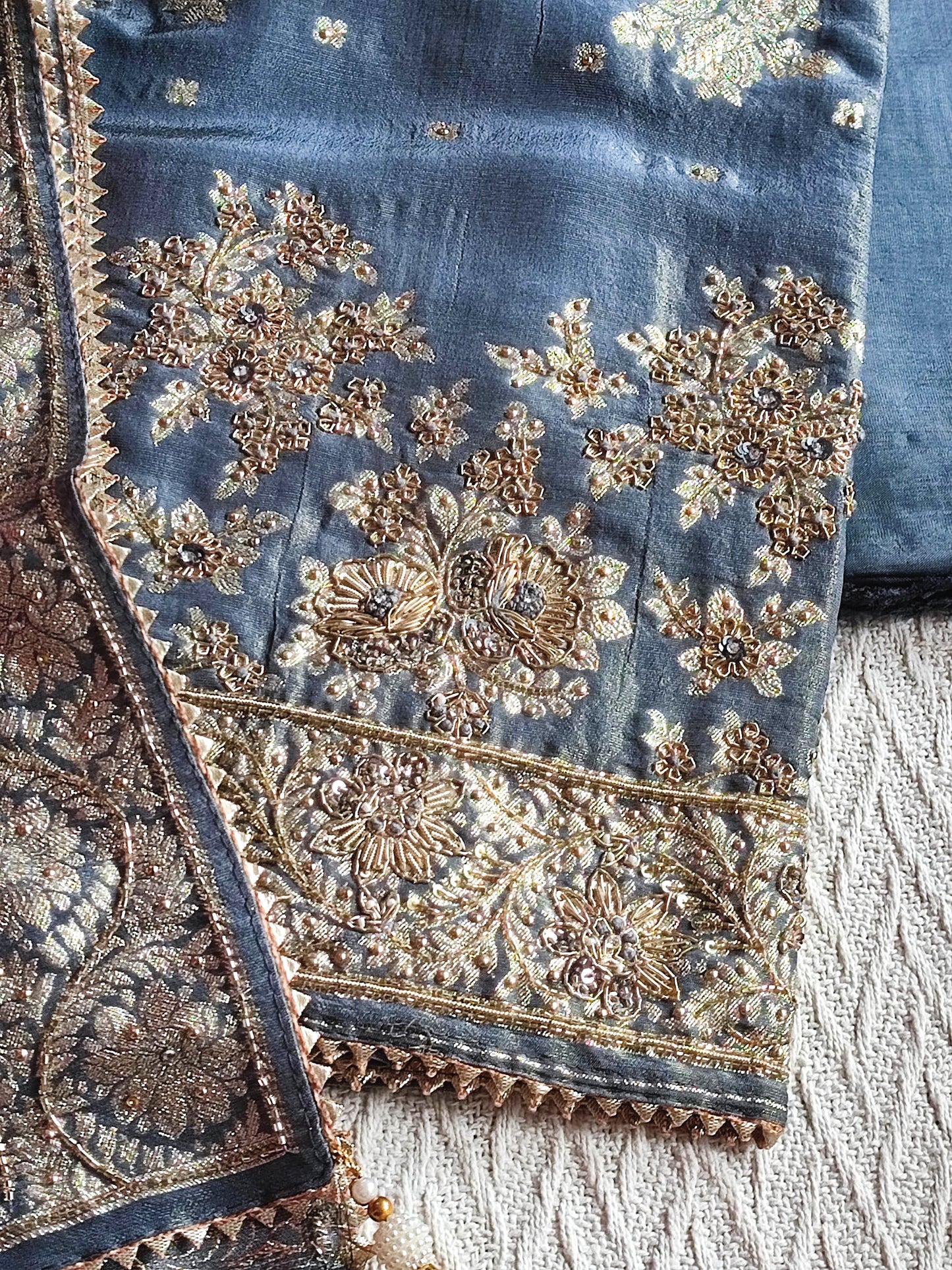 Navy Blue Shimmer Georgette Unstitched Suit with Zari Work