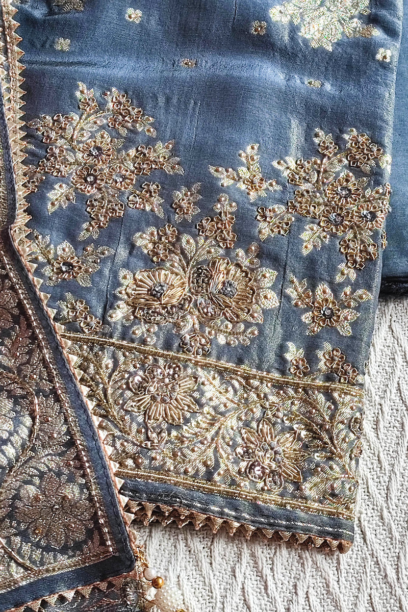 Navy Blue Shimmer Georgette Unstitched Suit with Zari Work