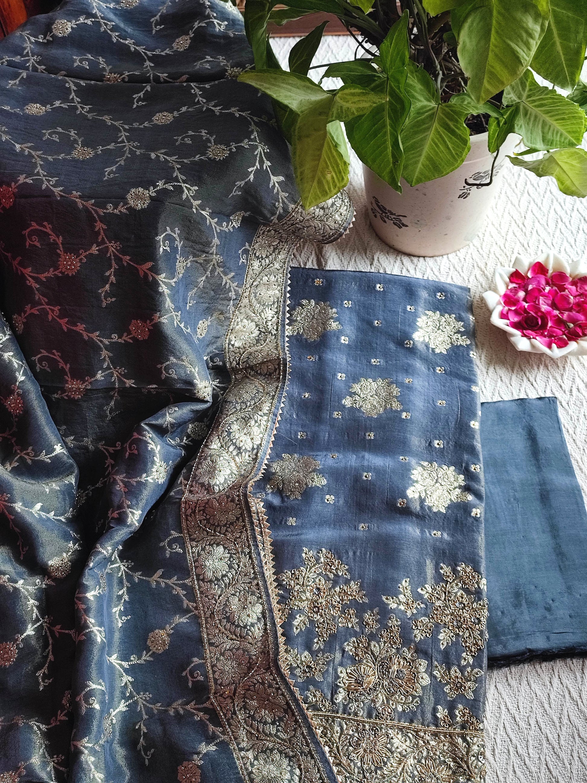 Navy Blue Shimmer Georgette Unstitched Suit with Zari Work