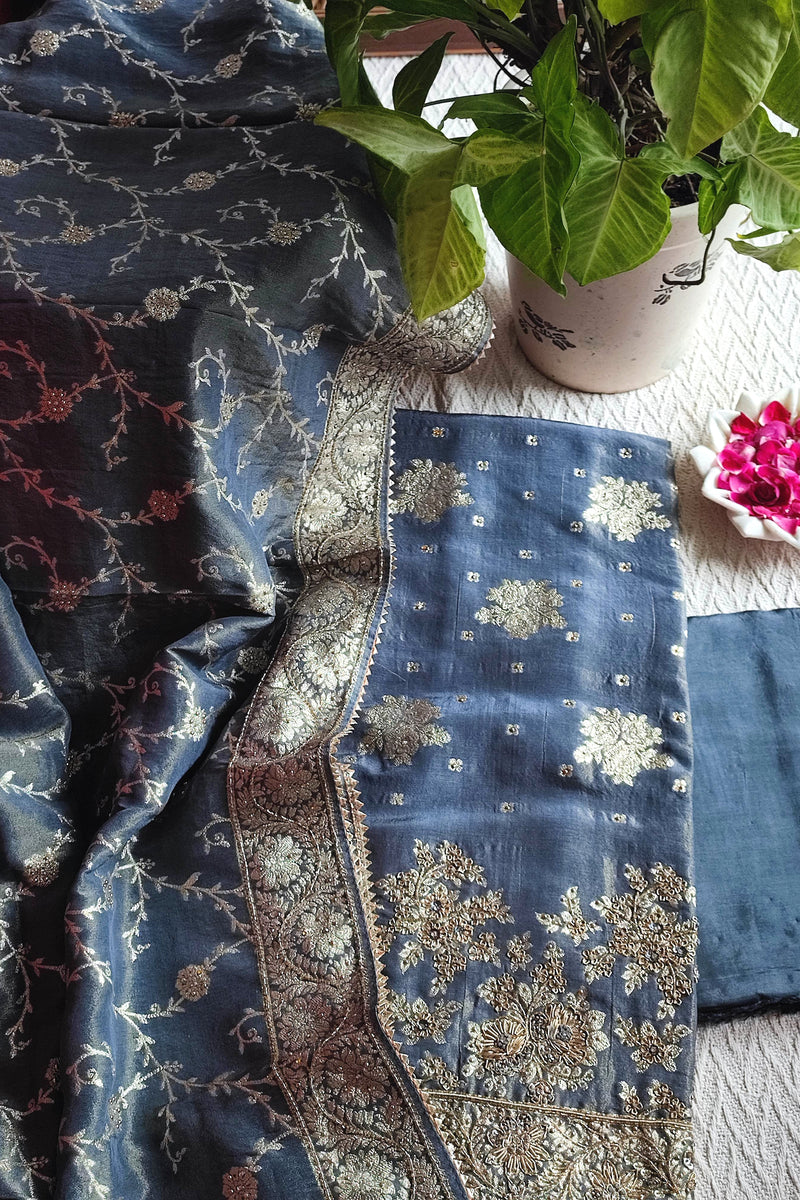 Navy Blue Shimmer Georgette Unstitched Suit with Zari Work